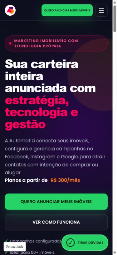 Site comercial da Automatizi no celular