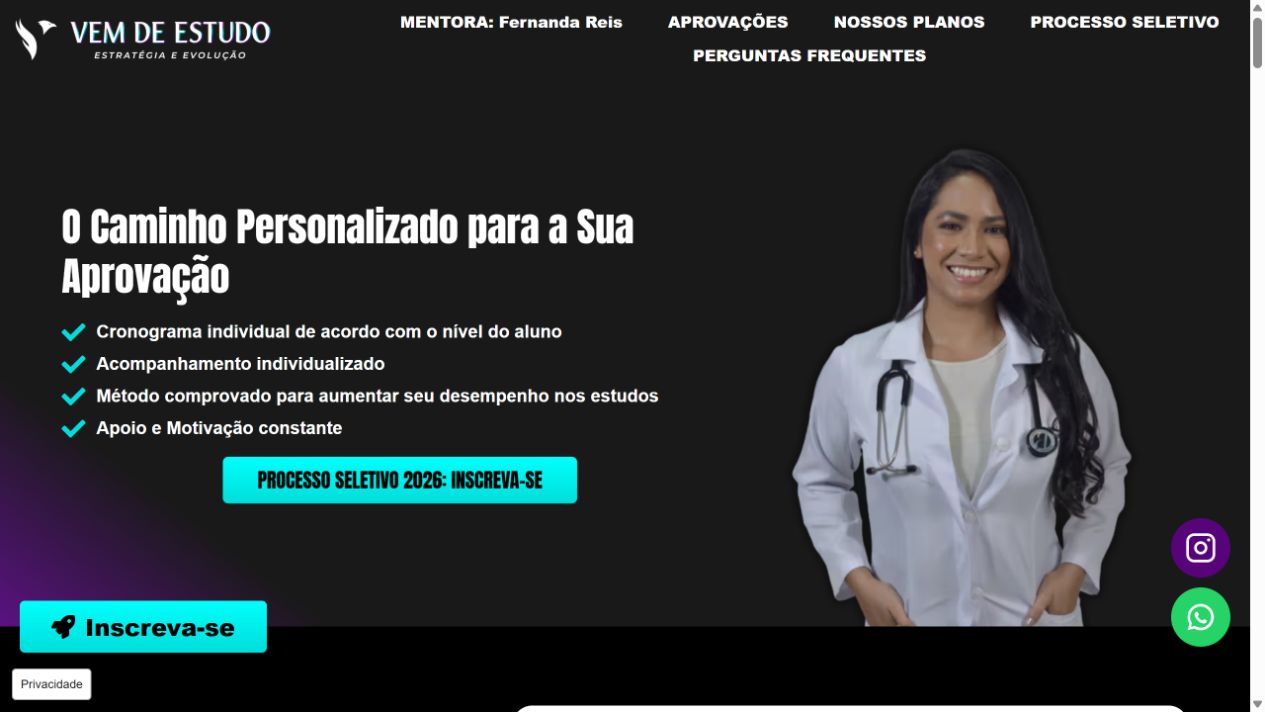Site Vem de Estudo Mentoria no computador